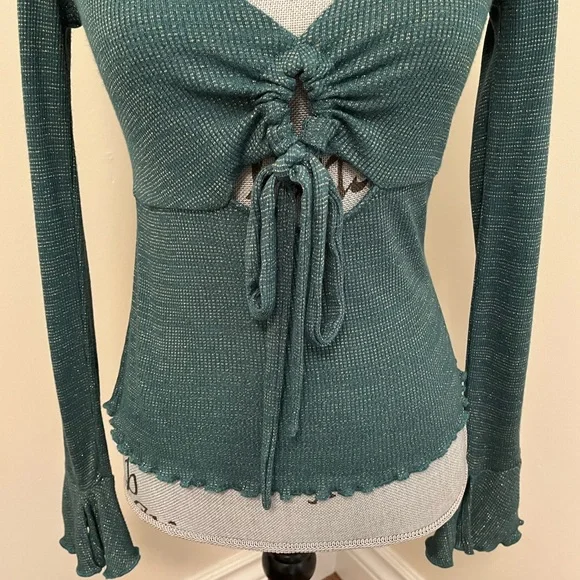 Free People Intimately Free Say When Green and Metallic Long Sleeve Top, S - Picture 6 of 13